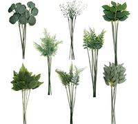 OrgMemory Artificial Leaves, 48 Pcs with Stems, Plastic Leaves, Fake Leaves, 8 Kinds Fake Plant Stems for Kitchen Garden, Balcony, Bedroom, Banquet, Wedding (Green Leaves)