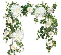OrgMemory White Flower Garland, Eucalyptus Garland, Artificial Vine For Wedding Door Decoration Wall Hanging Plant Table Runner Mantle Decoration(Camellia Dahlias)