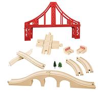 OrgMemory Wooden Railway, Wooden Train Track Set, Train Bridges, Suspension Bridge, Viaduct Bridge, Cross Track, Curved Track and Stop Track Compatible with All Major Brands
