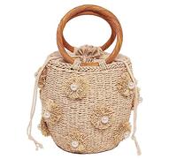 Orgonite Bucket Straw Handbag, Handmade Tote Bag with Pearl Flower, Beach Woven Bag Rattan Basket Purse Drawstring for Women, K-beige, One Size