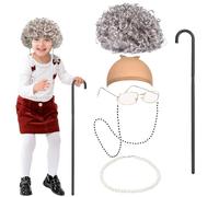 Orgoue Granny Costume for Women & Kids - Old Lady Wig, Glasses, Cane, Pearl Necklace, Glasses Chain