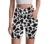 ORGYPET Biker Shorts Women with Pockets Tummy Control Workout Shorts High Waisted Athletic Short for Gym Yoga Running, Black Cow Print, XL