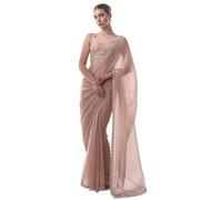 ORHANS Women's Chiffon All Over Fix Diamond & Lace Work Saree With Art Silk Matching Unstitched Blouse Piece, Peach, One Size