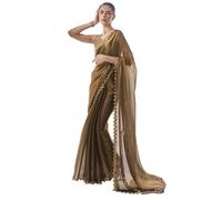 ORHANS Women's Organza Lightweight Lace Work Saree With Art Silk Sequence Work Golden Unstitched Blouse Piece, Peach, Free Size, Peach, Free Size