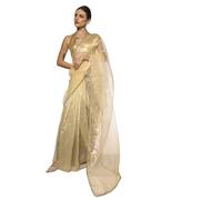 ORHANS Women's Organza Lightweight Lace Work Saree With Art Silk Sequence Work Golden Unstitched Blouse Piece, Pastel Yellow, One Size