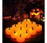 ORIA 12 Pack Pumpkin Tea Lights, Flickering LED Candles for Halloween | Warm White Flicker, Batteries Included, Up to 120 Hours, On/Off Switch, for Tables, Mantels, Fireplaces and Windows