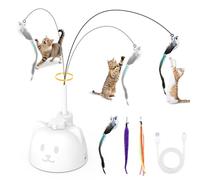 ORIA Interactive Cat Toy for Indoor Cats, 360° Auto-Rotation Teaser Wand with 3 Attachments (Bird, Caterpillar, Ribbon), Detachable Cat Toy for Adult Cats & Kittens - White