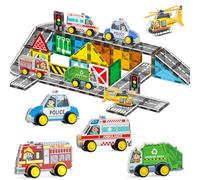 Oriate City Car Magnetic Tiles, Rolling City Vehicles with Magnetic Blocks Road Set, Magnetic Structural Build Magnets Tile Building Blocks Playset, Kids STEAM Educational Learning Toys