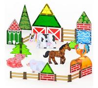 Oriate Farm Animals Magnetic Tiles, 5PCS Movable Joint Farming Animals with Magnetic Building Blocks, Horse Cow Rooster Sheep Pig Educational Farm Construction Toy