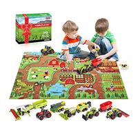 Oriate Farm Animals Tractor Toy Set, 38pcs Educational Farming Playset incl Realistic Partially Diecast Tractors and Combine Harvester Toys, Large Activity Play Mat, Ideal Kids Toys Gifts