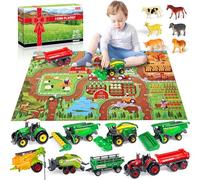 Oriate Farm Tractor Play Set 34-Piece Die-Cast Model Vehicle Trolley Truck, Large 12 cm Toy, Includes 120 x 80 cm Children's Floor Mat, Great Birthday Gift for Boys Girls