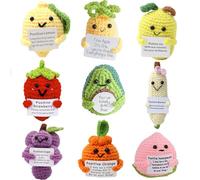 Orichane 9PCS Handmade Crochet Dolls Funny Fruits Plush Toys Set with Encouragement Card Cute Room Decor Unique Birthday Gift for Women Friends Emotional Support Present