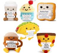 Orichane Crochet Emotional Support Coffee Cake Dolls 6PCS Handmade Toast Pizza Taco Plush Toys with Positive Card Cute Bakery Gift Set for Friends Birthday Encouragement Gift Home Decor