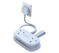 ORICO 65W GaN Travel Extension Lead with USB Slots (2 USB-A/2 USB-C), Flat Plug Power Strip with 2 Way Plug Extension Socket and 1.6M Extension Cord, Fast Charger for MacBook/iPad/iPhone - Blue