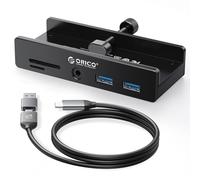 ORICO USB Hub 3.0, Clamp USB Hub with Extra Power Port, Aluminum USB C Adapter with 2 USB-A Data Ports,3.5mm AUX, SD/TF Card Reader for Desktop(Black)