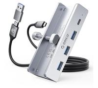 ORICO USB Hub, Aluminium USB 3.0 Hub Clip with 5 V Power Supply Connection, 5 Gbps 4 Port USB Splitter with 3 USB-A 3.0 and 1 USB-C 3.0, 100 cm Cable (C to A/C), for Monitors, Desks, Silver
