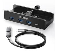 ORICO USB Hub, Aluminum USB 3.0 Hub Clip with 5V Power Supply Connection, 5Gbps 4 port USB Distributor with 3 USB-A 3.0 and 1 USB-C 3.0, 3.3Ft Cable (C to A/C), for Monitors Black