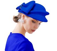 ORIDOOR Women Vintage 100% Wool Felt Flowers Bucket Cloche Bowler Hat Church Wedding Beret Hat, E8 Royal Blue, One Size