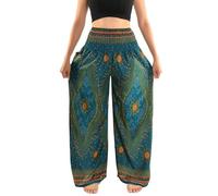 Orient Trail Open Ankle Wide Leg Harem Pants with Pocket -Yoga Flowy Pants for Women US Size 0-22, Peacockeye Teal, Large