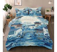 Oriental Architectural Duvet Cover Set Toddler's, Asian Scenic Bedding Quilt Cover Set, Chinoiserie Duvet Cover with 1 Pillowcases, Microfibre Reversible Bed Covers 2 Pcs with Zipper Closure