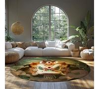 Oriental Art Round Rug Chinese Traditional Lion Dance Pattern Thin Floor Mats for Dining Room Lounge Entryway Washable Non Slip 120cm
