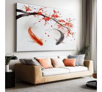 Oriental Asian Framed Canvas Wall Art 120 x 60 cm, Koi Carp Botanical Red Plum Blossoms Branches Artwork Wall Canvas Pictures Decorations Wall Painting, Art Prints for Bedroom Study Living Room