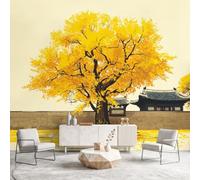 Oriental Asian Style Botanical Wallpaper - Leaves Ginkgo Tree Architecture Wall Mural - Panoramic Mural for Living Room Adult Children Bedroom Wallpaper Home Decor Non-Woven 400 x 280 cm(W x H)