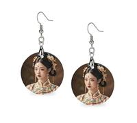 Oriental Beauty Wooden Earrings for Women, Vintage Elegant Wood Jewelry, Lightweight Earrings for Wedding, Party, Everyday Jewelry Gift, Circular, Wood, wood