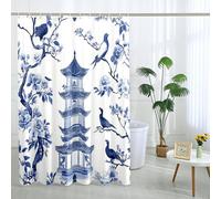 Oriental Bird Floral Shower Curtain, Blue and White Pagoda Print Bath Decor, Spring Modern Minimalistic Waterproof Fabric Shower Curtain Set with Hooks 72x78 Inch