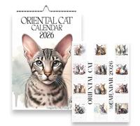Oriental Cat Wall Calendar 2026, A4 Size 21.0 x 29.7 cm, Monthly Format with UK & US Holidays, Metal Binding, Orinetal Cats Calendar, Feline Calendar, Cat Gifts, Orientals 2026
