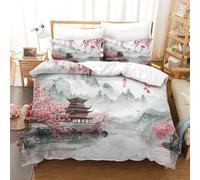 Oriental Cherry 3D Duvet Cover Bedding Bed Set, Ink And Wash Quilt Covers Comforter Cover 3 Pieces Set with Hidden Zipper Closure Microfiber with Pillowcases for Boys Girls Super King(260x220cm)