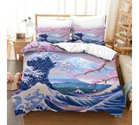 Oriental Cherry Bedding Duvet Cover Set Microfibre Illustration Comforter Cover 3D Print Quilt Cover with 3 Pieces Set Pillowcases for Children Adults with Zipper Closure Soft King（220x240cm）