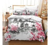 Oriental Cherry Duvet Cover Sets 3D Ink And Wash Quilt Cover, Comforter Cover Bedding Set for Kids Boys And Girls 3 Pieces Set with Zipper Closure Soft Microfiber with Pillowcases Double（200x200cm）