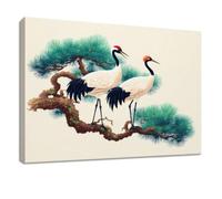 Oriental Chinese Canvas Prints Wall Art 70 x 50 cm Artwork Beige Bird Pine Needle Branch - Decoration Painting Wall Decor Pictures for Bedroom, Living Room, Hallway or Entryway