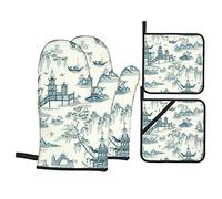 Oriental Chinoiserie Chinese Style Oven Mitts and Pot Holders Set of 4, Oven Mittens and Potholders Heat Resistant Gloves for Kitchen Cooking Baking Grilling BBQ