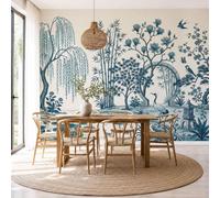 Oriental Classical Gardens Wall Mural for Living Room, 300x210cm Panoramic Photo Wallpaper Weeping Willows Lotus Pond Courtyard Silk Wall Covering for Bedroom Office Sofa Background Decor, Blue-Gray