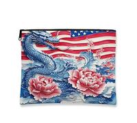 Oriental Cosmetic Bag, Blue Dragon American Style Travel Makeup Zipper Clutch Organizer for Women, Spring Festival Gift Floral Pouch, Blue, 7x9 Inch, Dragon