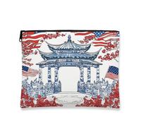 Oriental Cosmetic Travel Bag, Red Blue Cherry Blossom Pavilion Makeup Zipper Pouch for Women, Portable Canvas Organizer for Spring Seasonal Celebrations, red, 7x9 Inch, Pavilion