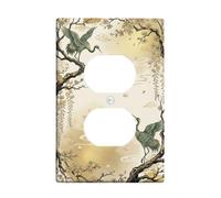 Oriental Crane Zen Art Duplex Outlet Covers Plate | Japanese Crane Illustration, Flowering Tree Branches, Soft Gold Background, Zen Atmosphere, Traditional Cloud Accents
