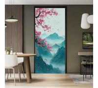 Oriental Door Sticker Teal Peel and Stick Door Mural, 77 x 200 cm Removable Decorative Wallpaper for Bedroom Living Room Office, Traditional Landscape Cherry Blossom Petals 3D Art Door Poster