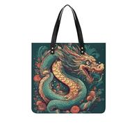 Oriental Dragon Pattern Leather Tote Bag for Women Casual Shoulder Bag Large Work Purse Vintage Satchel Handbag with Top Handle for Travel