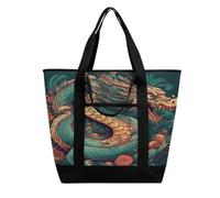 Oriental Dragon Pattern Shopping Bag Tote Bag Reusable Grocery Bags | Large Capacity Reusable Insulated Lunch Bag with Zippered Top Travel Cooler Bag for Women Men Pool Picnic Gym