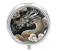 Oriental Dragon Pill Box 3 Compartment Travel Pill Organizer 3 Times A Day Cute Mini Pill Case for Purse & Pocket Portable Metal Medicine Box with Mirror Round Daily Medicine Vitamin Container