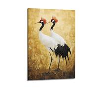 Oriental Feng Shui Wall Art, Japanese Crane Golden Sunset Hanging Paintings Poster, Elegant Asian Zen Bird Painting for Living Room Bedroom Meditation Room Modern Home Styling 12x18inch(30x45cm)