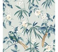 Oriental Floral Birds Blue Grey Wallpaper - Flower Blossom Nature Modern Contemporary Feature Wall Bedroom