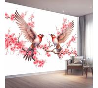Oriental Flowers and Birds Photo Wallpaper Nursery 250 X 175 Cm Pink Plum Blossoms Birds - Non-Woven Premium Art Print Fleece Wall Mural Decoration Restaurant Hall Living Room Hallway