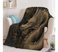 Oriental Golden Dragon Flowers Print Flannel Blanket Throw 71 x 87 inch, Luxurious Super Soft Warm Cosy Throws Kids Adults Bedding Digital Art for Bed Sofa Travel Fluffy Blanket