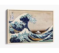 Oriental Hokusai Under the Great Wave off Kanagawa Canvas Floater Frame Print Picture Art - Light Oak Frame 36 inch wide x 24 inch high