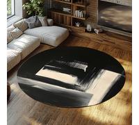 Oriental Ink Art Round Rug 240cm Abstract Brushstroke Black and White Circle Area Rugs Soft Non-Slip Large Carpet for Living Room Kitchen