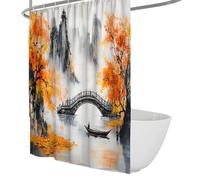 Oriental Ink Art Shower Curtain Arched Bridge Rafting on the Lake Steep Mountain Bathtub Curtains with C-Shaped Hooks Waterproof Fabric 120 x 180 cm